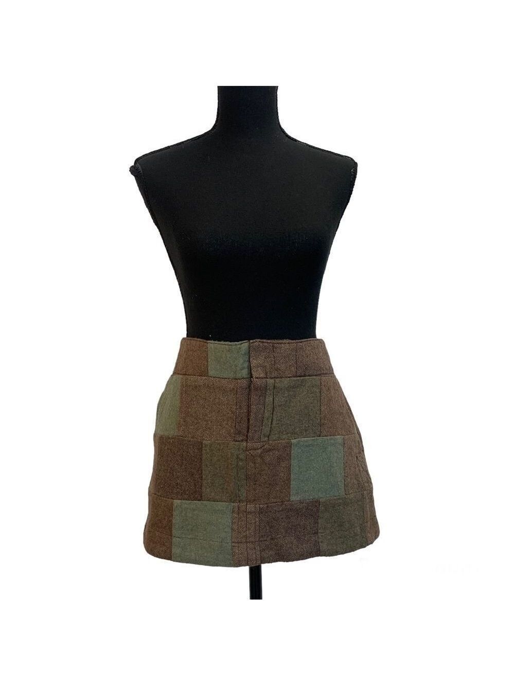 AMERICAN Eagle brown green wool patchwork square print mini skirt Sz 10
